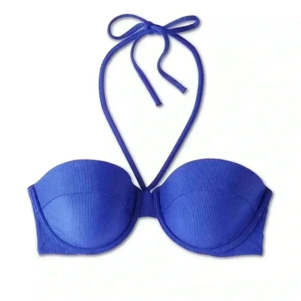 SHADE & SHORE | Lightly Lined Ribbed Halter Bikini Top | Blue | 34C / Medium